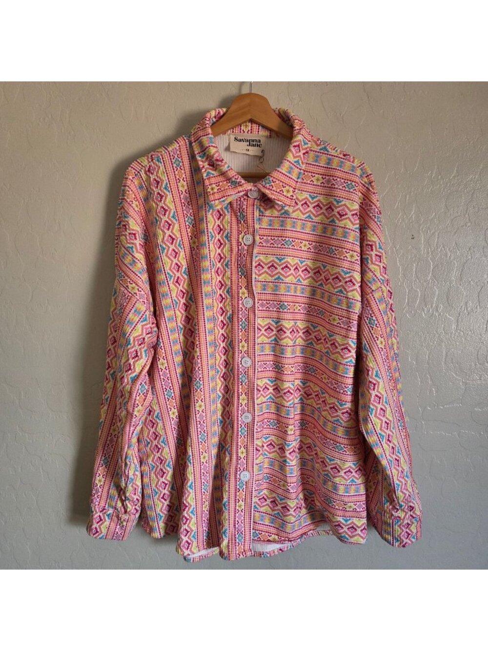 Savanna Jane Corduroy Button Up Shacket Top Southwestern Aztec Pink Size 1X NEW
